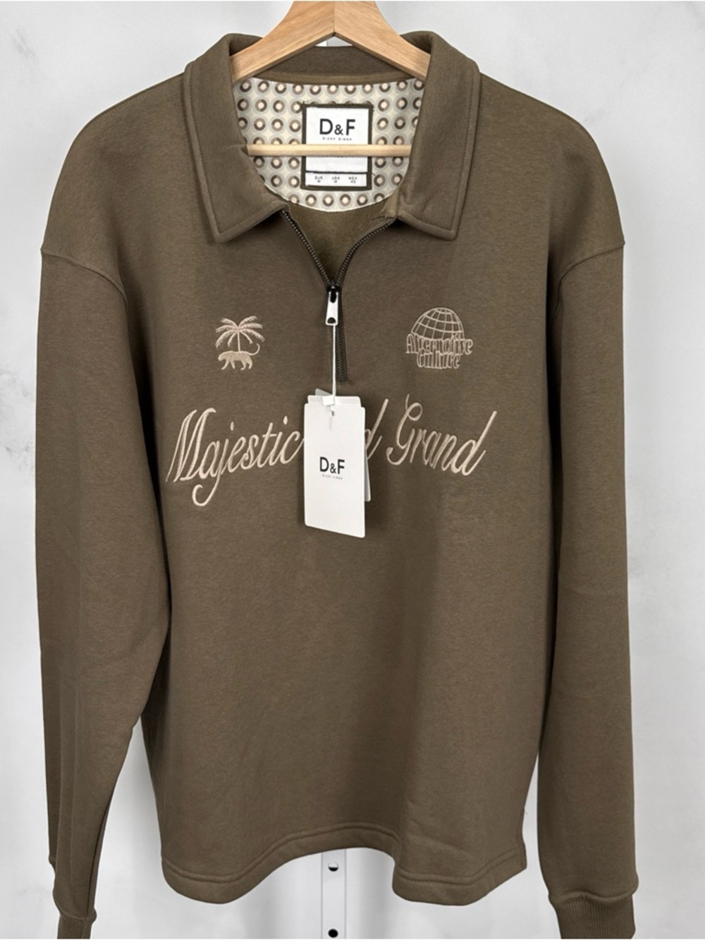 D & F Ricky Singh Mens M Olive Quarter Zip “Majestic & Grand” Sweatshirt NEW - Picture 2 of 11